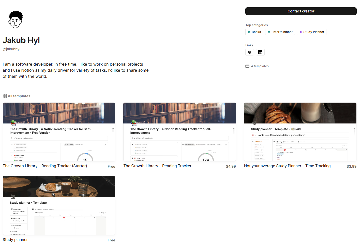 Preview of Jakub Hyl's Notion creator profile and templates