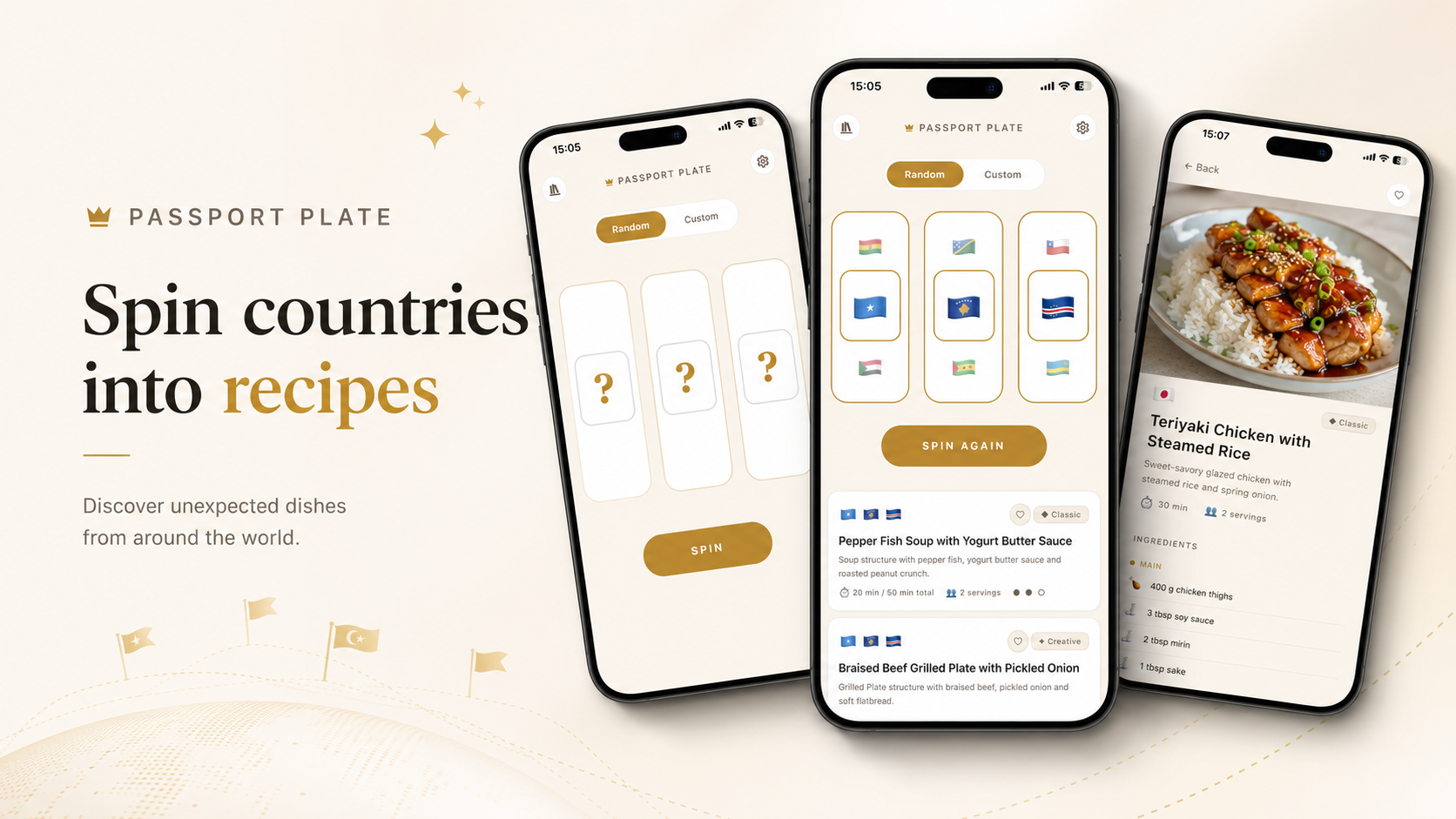 PassportPlate recipe discovery app shown on two iPhone mockups