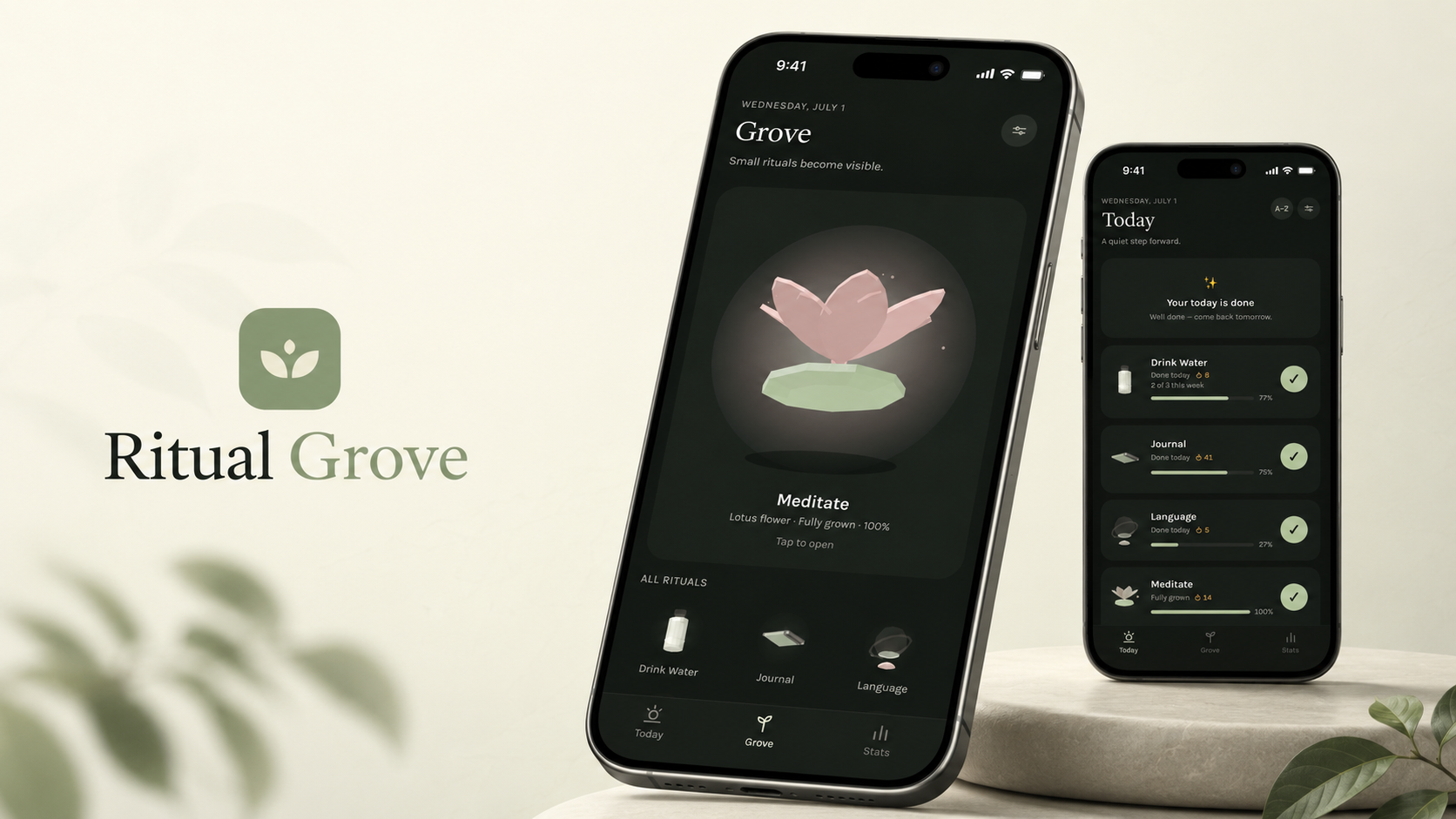 Ritual Grove habit tracker shown on two iPhone mockups