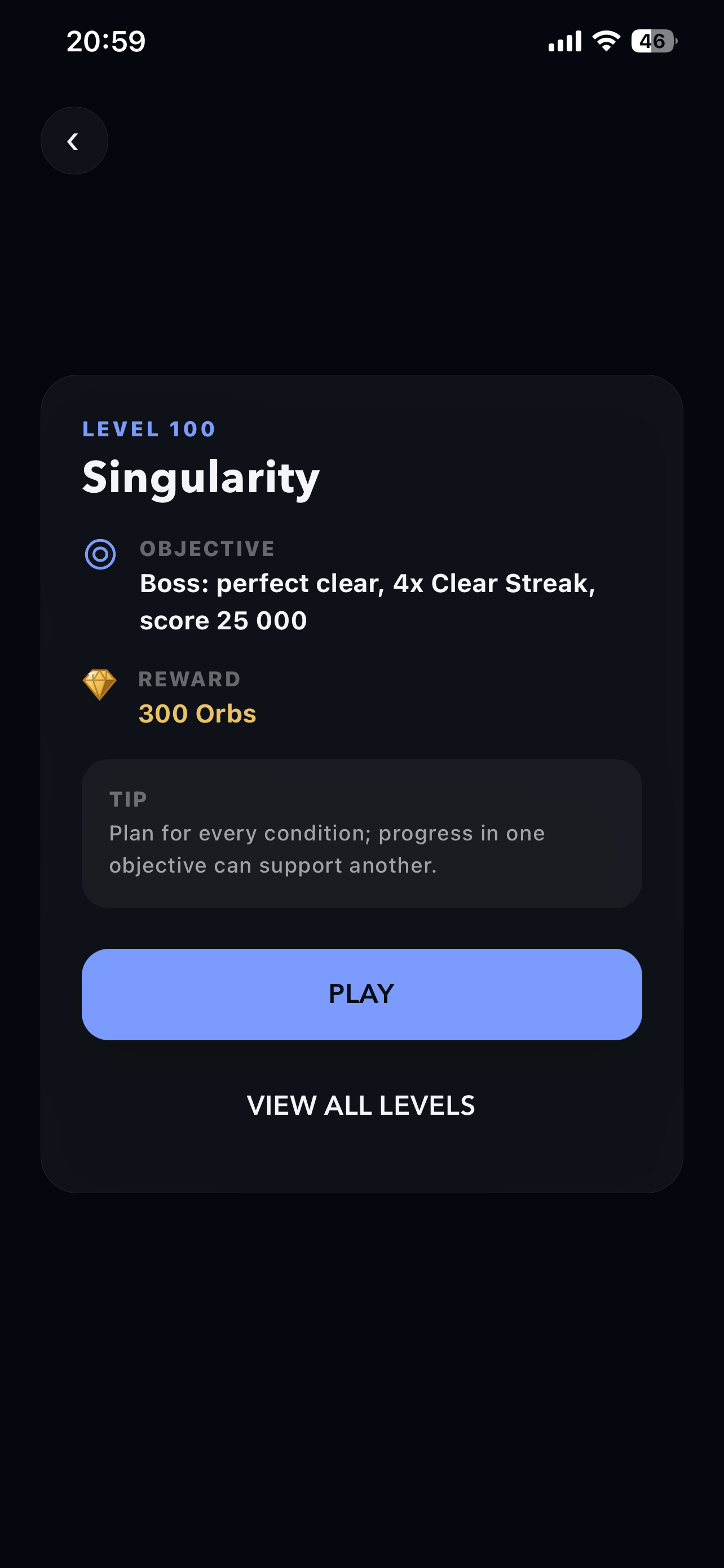 Level 100 Singularity detail screen