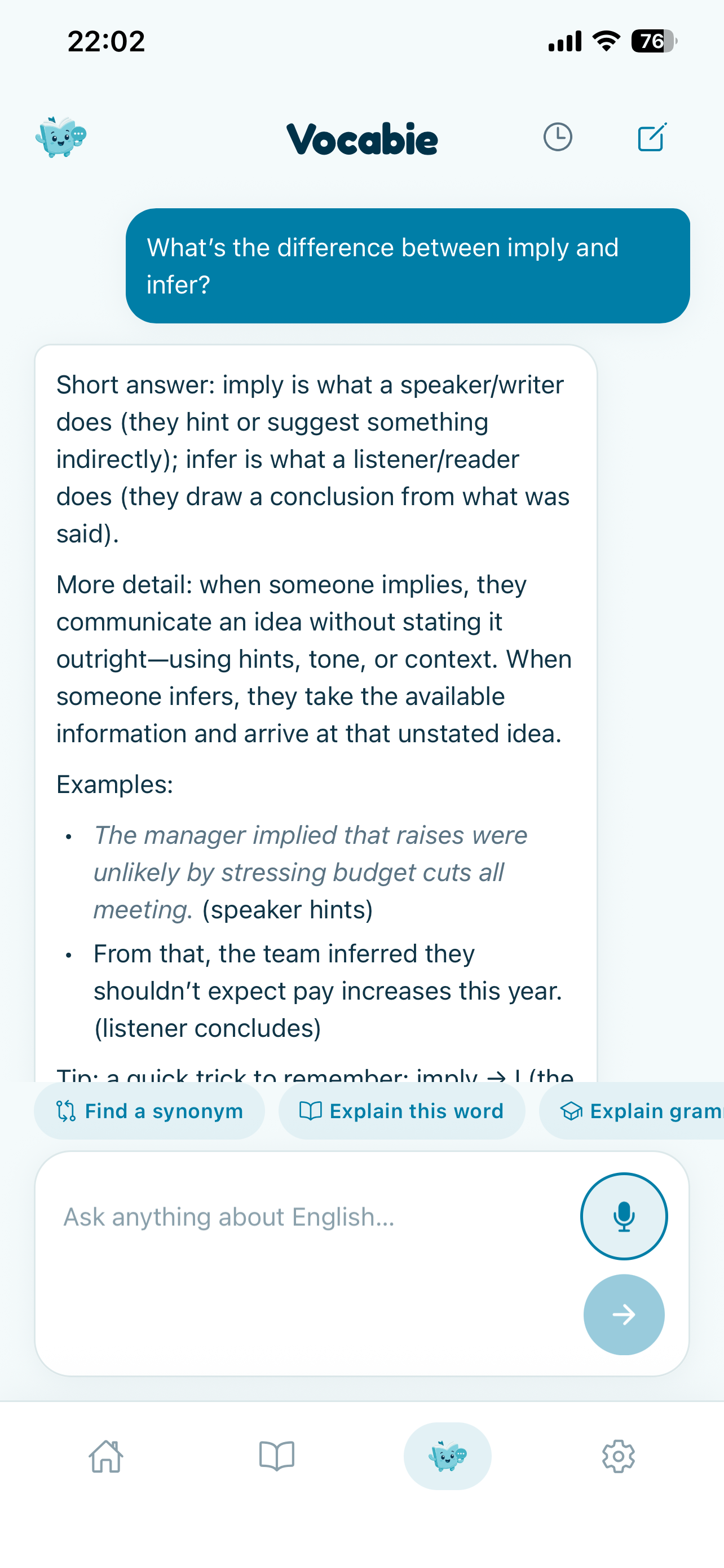 Vocabie AI Coach responding to a learner's vocabulary question