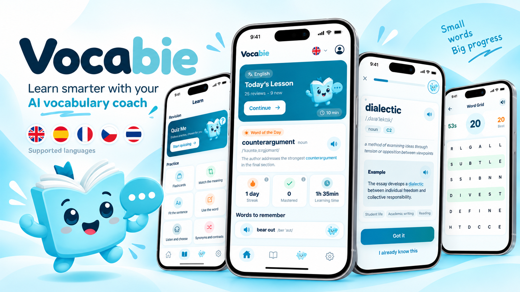 Vocabie vocabulary coach shown across language learning and practice screens