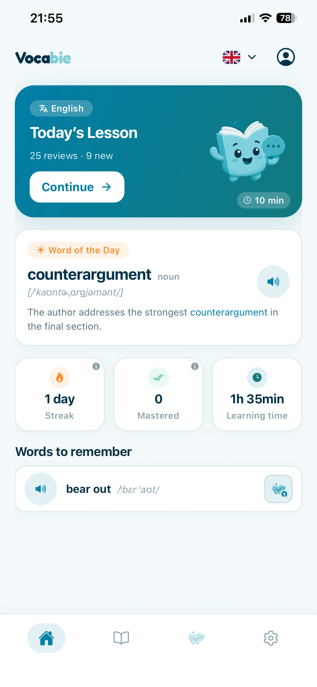 Vocabie home screen with a personalized vocabulary lesson and progress