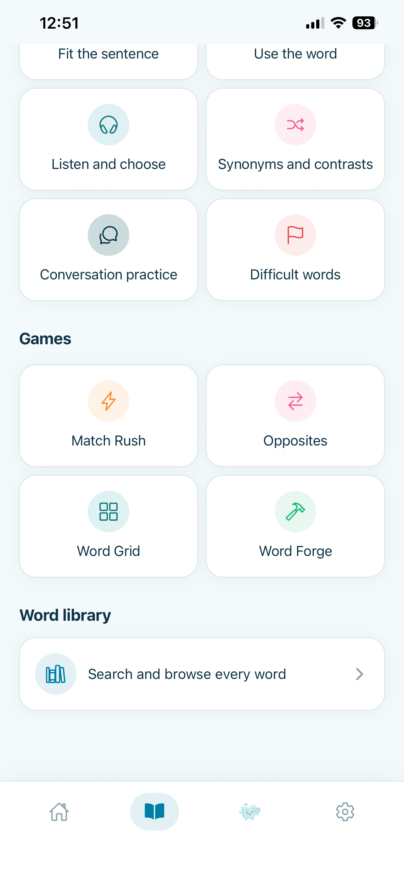 Vocabie games and practice choices for revisiting vocabulary