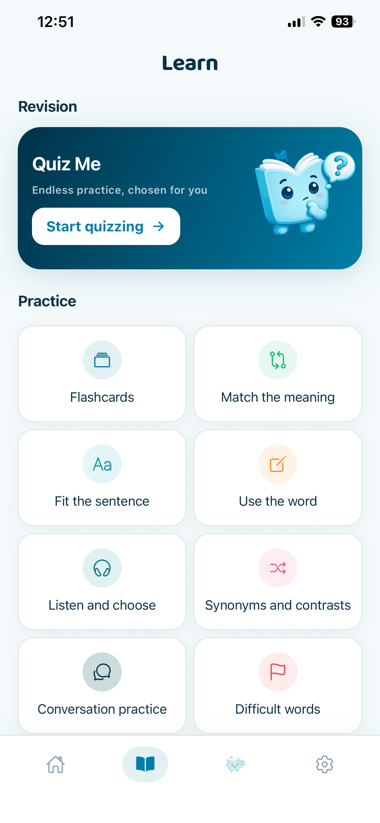 Vocabie practice options for sentence, meaning, writing, and listening exercises