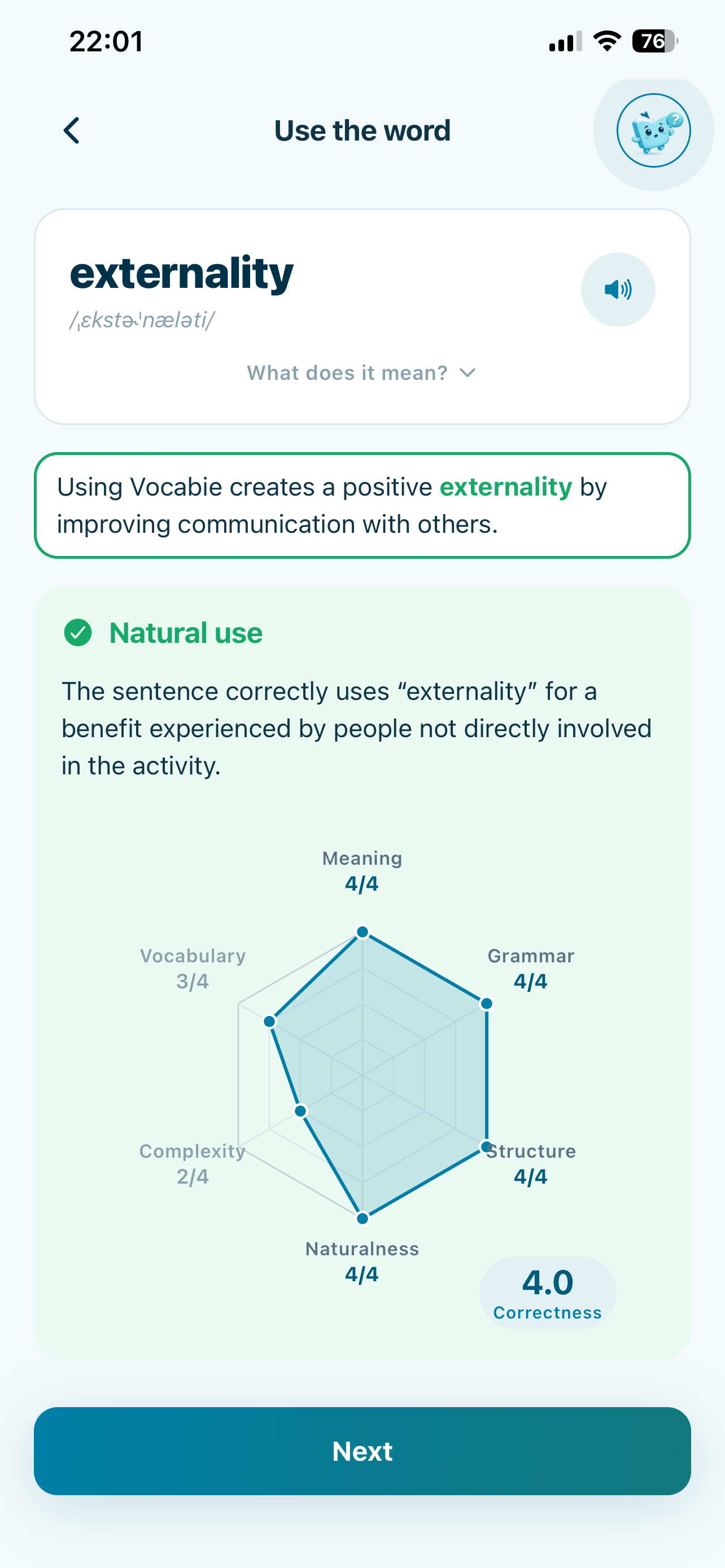 Vocabie Use the word feedback reviewing a learner's sentence