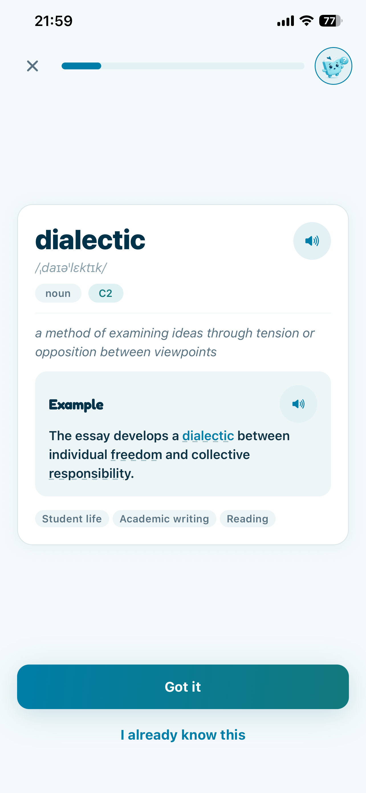 Vocabie word detail with a definition and example context