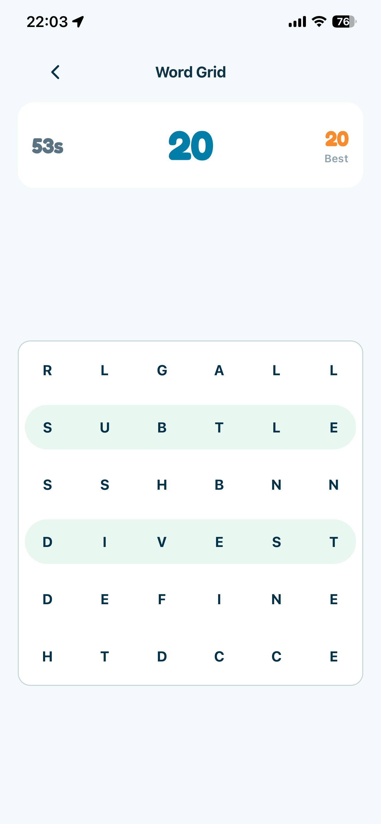 Vocabie Word Grid game with words hidden among letter tiles